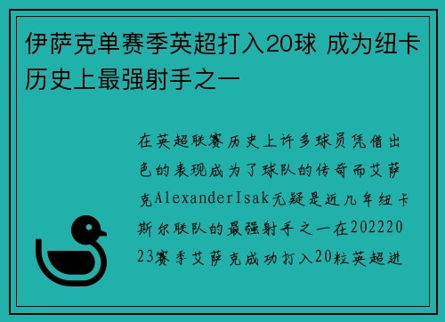 伊萨克单赛季英超打入20球 成为纽卡历史上最强射手之一